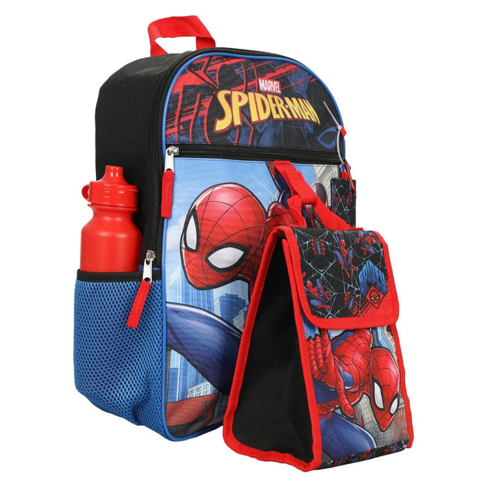 Marvel Spiderman Miles Morales kids backpack set with lunch bag and water bottle shown upright.