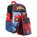 Marvel Spiderman Miles Morales kids backpack set with lunch bag and water bottle shown upright.