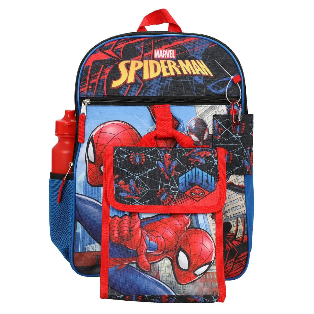 Marvel Spider-Man Miles Morales 5-piece kids backpack set with water bottle, shown front view.