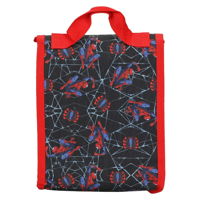 Bioworld Marvel Spiderman Miles Morales kids backpack with web and Spiderman print, shown upright.