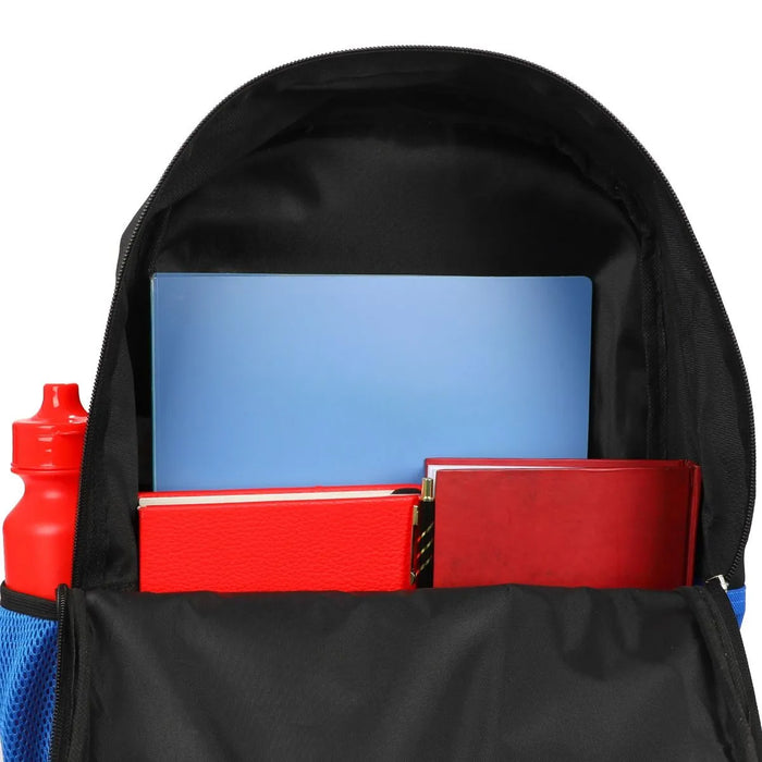 Bioworld Marvel Spiderman Miles Morales kids backpack open, showing books and a red water bottle inside.