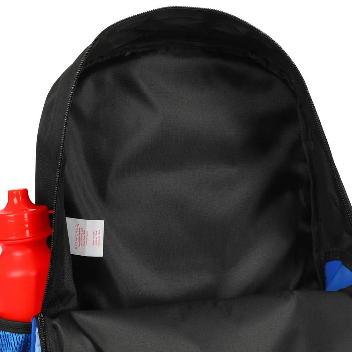 Bioworld Marvel Spiderman Miles Morales kids backpack open to show spacious interior and red bottle pocket.
