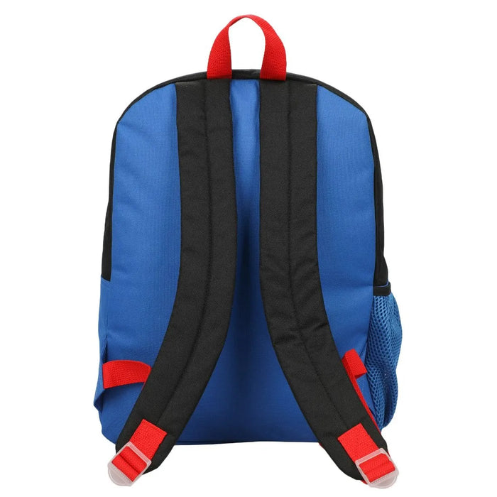 Bioworld Marvel Spiderman Miles Morales kids backpack shown from the back with blue and red straps.