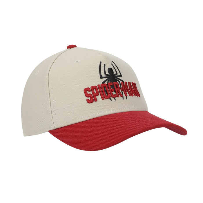 Bioworld Marvel Spiderman white and red snapback hat shown angled on a plain background.