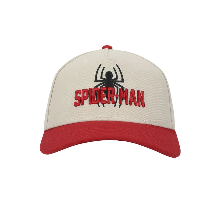 Bioworld Marvel Spider-Man white and red snapback hat with embroidered logo shown from the front.