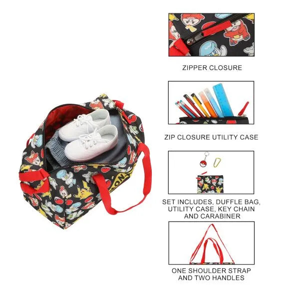 Bioworld® Pokémon 5-Piece Kids Duffle Bag Set with Utility Case, Poké Ball Keychain & Carabiner