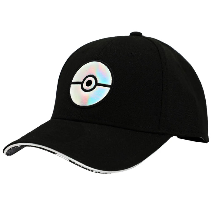 Bioworld Pokemon black snapback hat with holographic Pokeball logo shown on white background.