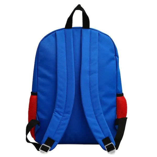 Bioworld Pokemon Pikachu backpack set shown from the back with blue straps and red mesh pockets.