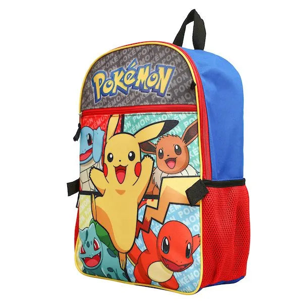 Bioworld Pokémon Pikachu 5-piece backpack set featuring Pikachu and friends on a colorful front panel.