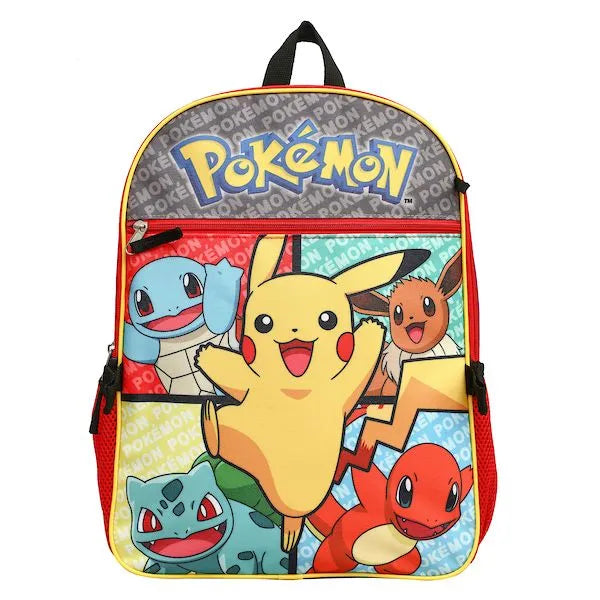 Pokemon Pikachu backpack featuring Pikachu, Eevee, Squirtle, Bulbasaur, and Charmander on the front.