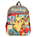 Pokemon Pikachu backpack featuring Pikachu, Eevee, Squirtle, Bulbasaur, and Charmander on the front.