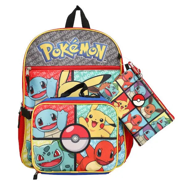 Bioworld Pokémon Pikachu 5-piece backpack set featuring colorful Pokémon characters on a white background.