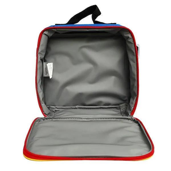 Bioworld Pokémon Pikachu lunch bag shown open with gray insulated interior and carrying handle.