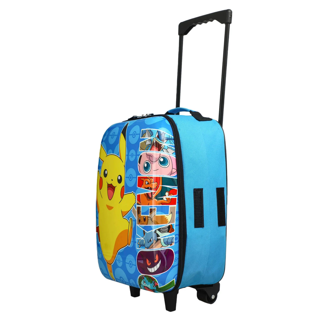 Bioworld Pokémon Pikachu kids folding luggage with colorful character print, standing upright with extended handle.