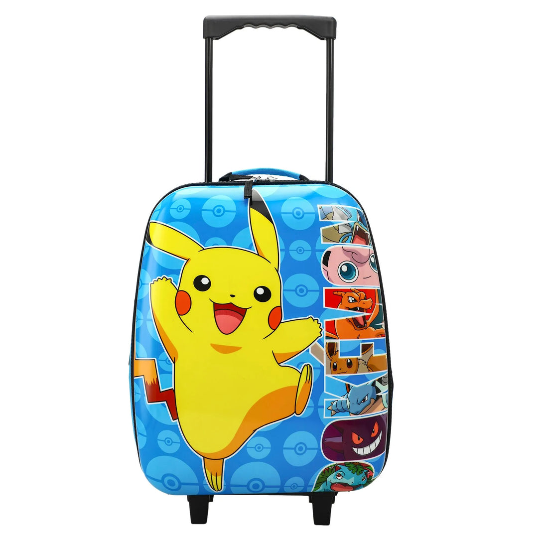 Bioworld Pokémon Pikachu kids folding luggage with colorful Pokémon characters on a blue hard shell.