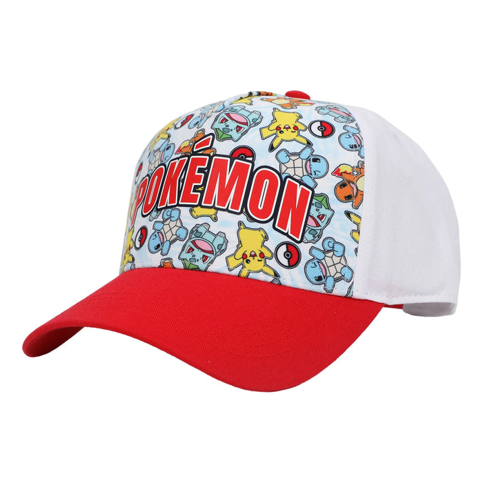 Bioworld Pokémon starter character kids snapback hat with red brim and colorful cartoon design shown on white background.