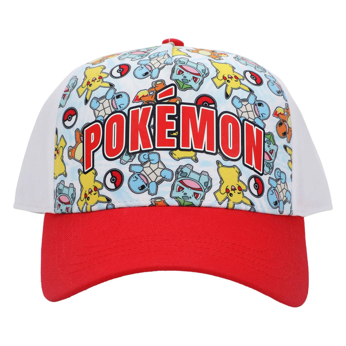 Bioworld Pokémon starter character kids snapback hat with colorful Pikachu, Bulbasaur, and Squirtle print.