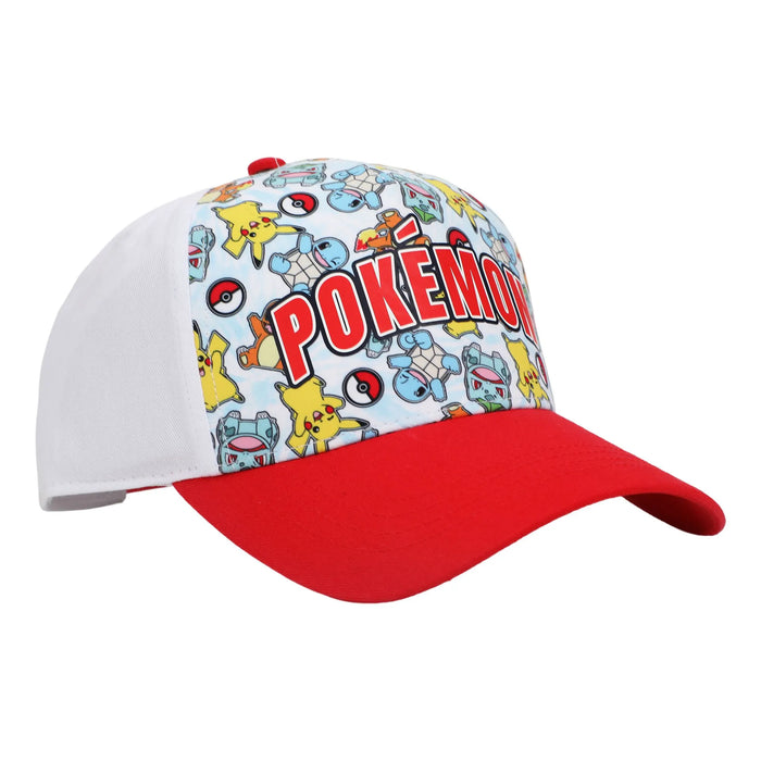 Bioworld Pokémon starter character kids snapback hat with red brim and colorful cartoon print on white background.