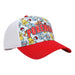 Bioworld Pokémon starter character kids snapback hat with red brim and colorful cartoon print on white background.