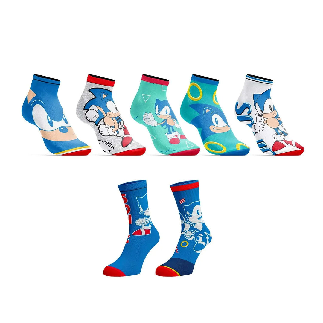 Bioworld Sonic the Hedgehog kids socks 7-pack with colorful Sonic character designs displayed on a white background.