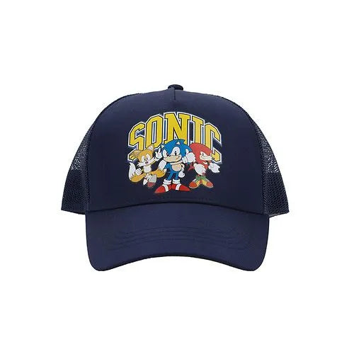 Bioworld Sonic the Hedgehog mesh snapback hat with Sonic, Tails, and Knuckles on the front, shown on white background.