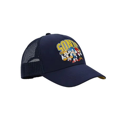 Sonic the Hedgehog mesh snapback hat featuring Sonic characters on the front, shown on a white background.