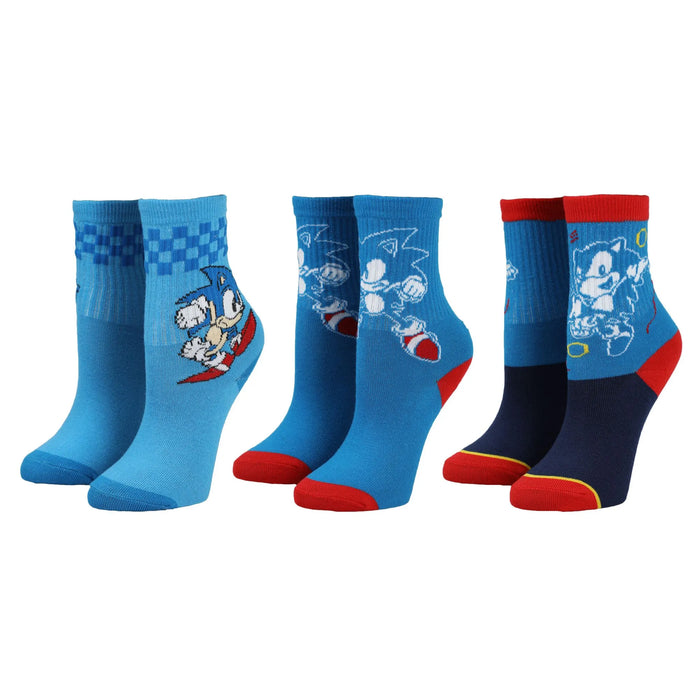 Bioworld Sonic the Hedgehog 3-pack crew socks shown standing upright with colorful Sonic designs.