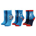 Bioworld Sonic the Hedgehog 3-pack crew socks shown standing upright with colorful Sonic designs.