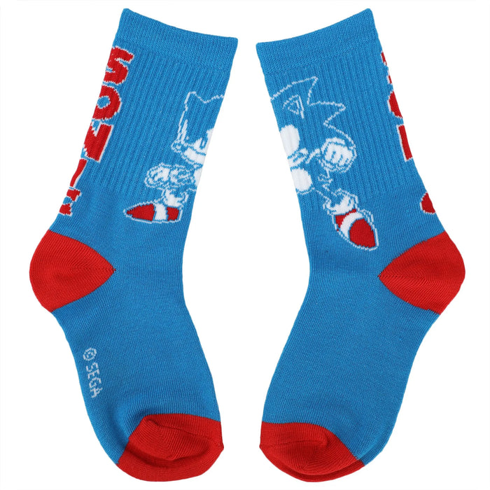 Bioworld Sonic the Hedgehog crew socks in blue with red heels and toes, featuring Sonic graphics.