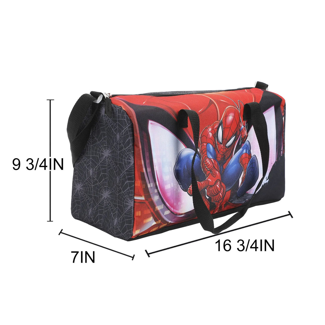 Bioworld Spider-Man duffle bag with web print, shown standing upright and labeled with dimensions.