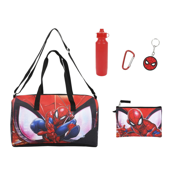 Bioworld Spider-Man 5-piece duffle bag set with Spiderman graphics, pouch, bottle, and keychain displayed on white background.