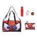 Bioworld Spider-Man 5-piece duffle bag set with Spiderman graphics, pouch, bottle, and keychain displayed on white background.