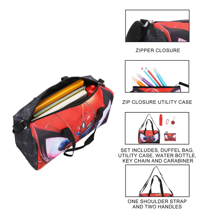 Bioworld Spider-Man 5-piece duffle bag set shown with main bag open, accessories and pens visible.