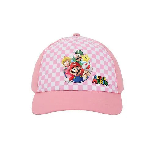Bioworld Super Mario Bros Checkers Youth Snapback Hat with pink checkered pattern and character graphics on front.
