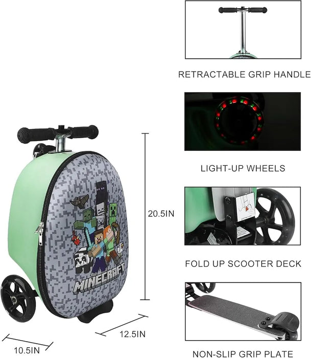 Minecraft LED scooter luggage with retractable handle, light-up wheels, and foldable scooter deck shown.