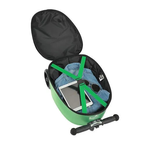 Bioworld Minecraft LED scooter luggage open to show interior with clothes, tablet, and sunglasses inside.