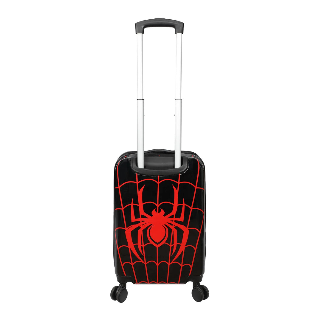 Spider-Man black and red kids luggage with web and spider design, shown upright on wheels.