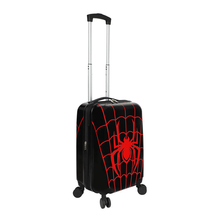 Spider-Man black and red kids luggage with web design, upright with extended handle and wheels