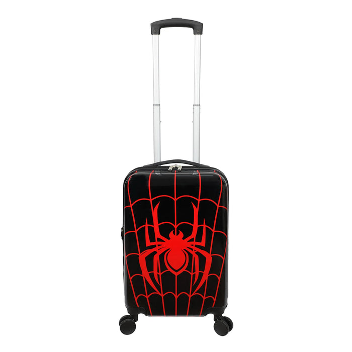 Spider-Man black and red kids luggage with web design shown standing upright with extended handle.