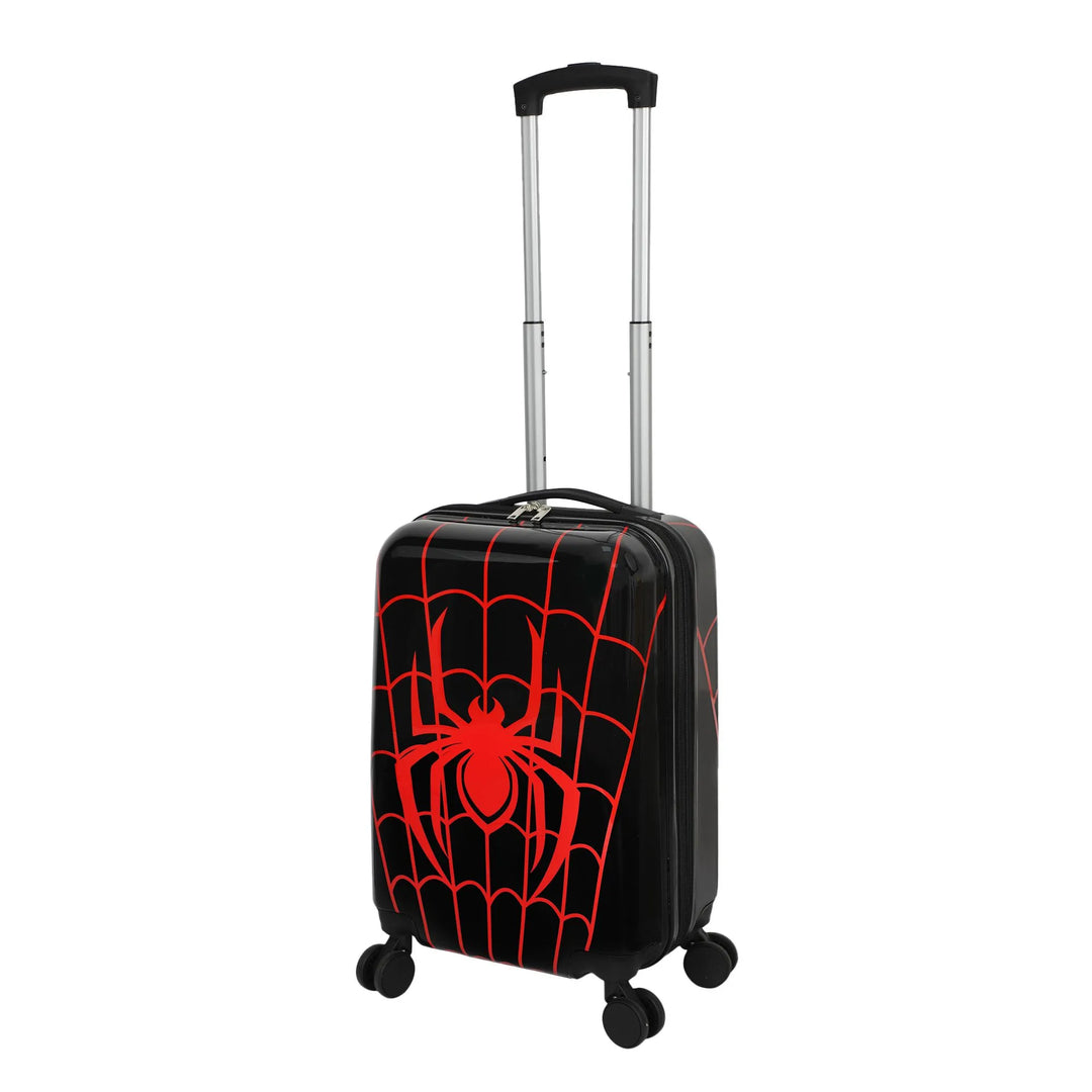 Spider-Man black and red kids suitcase with web design, shown upright with extended handle.