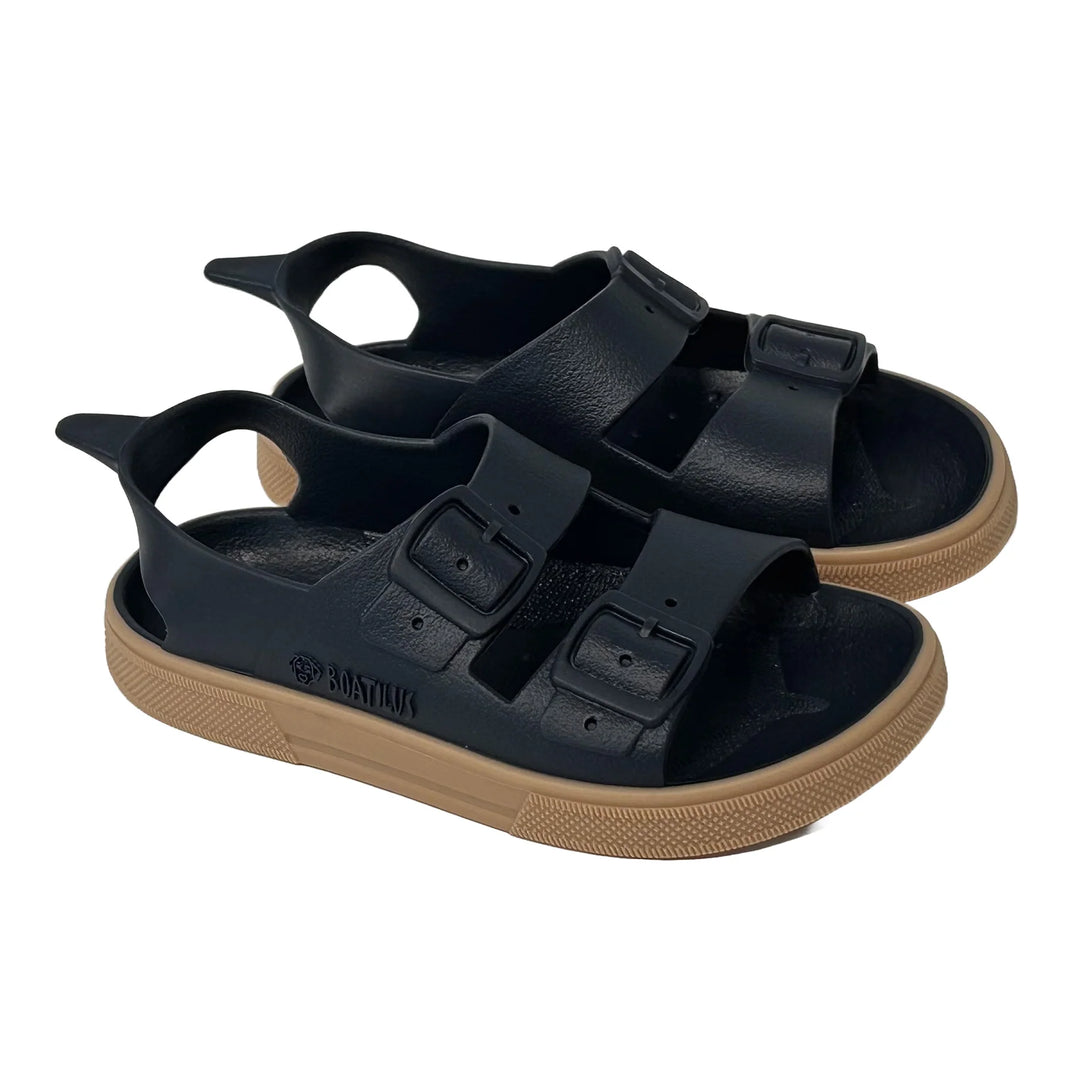 Boatilus Irkyverg Sandal shown in navy with tan sole, featuring dual buckle straps on a white background.