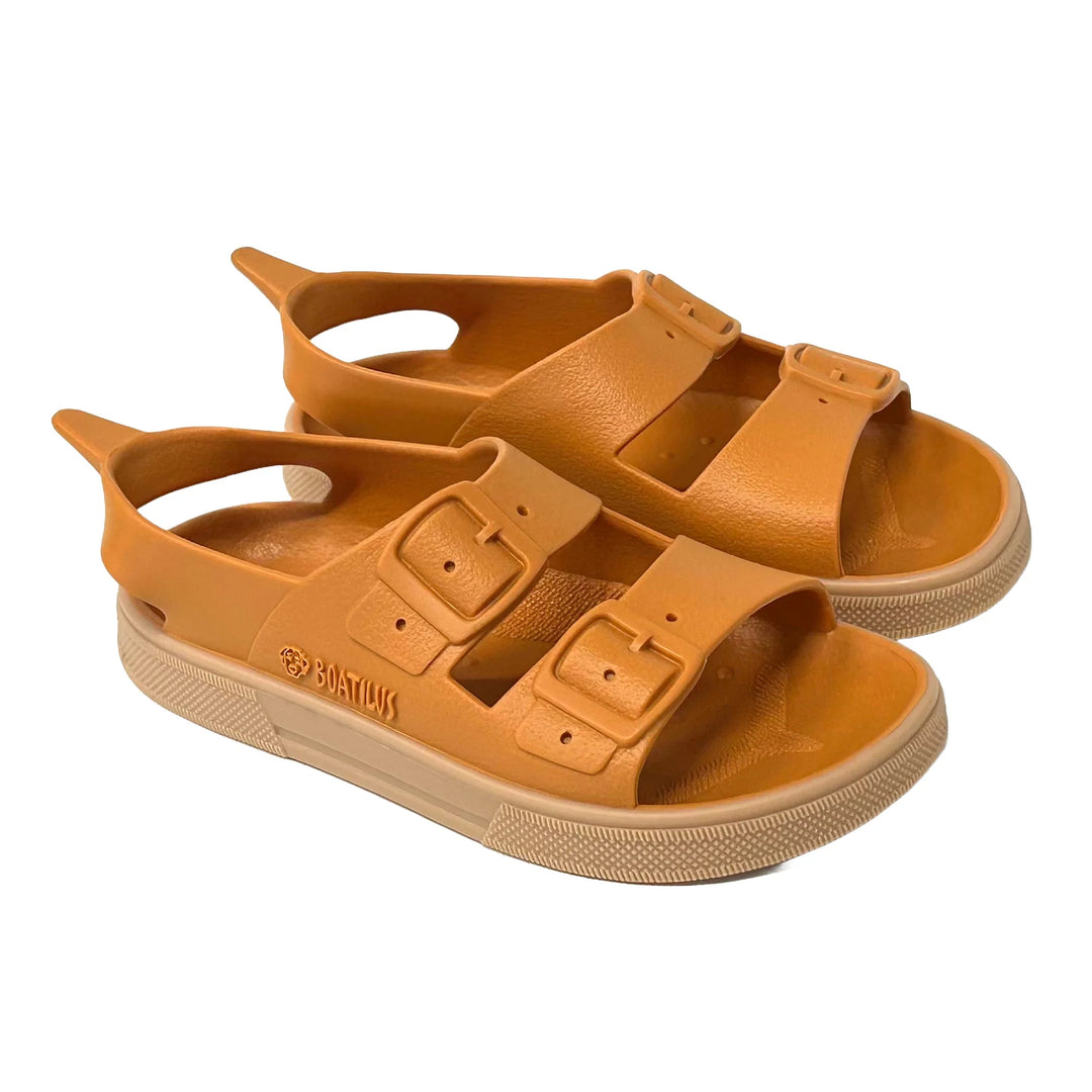 Boatilus Irkyverg kids sandals in tan with double buckle straps, shown on a white background.