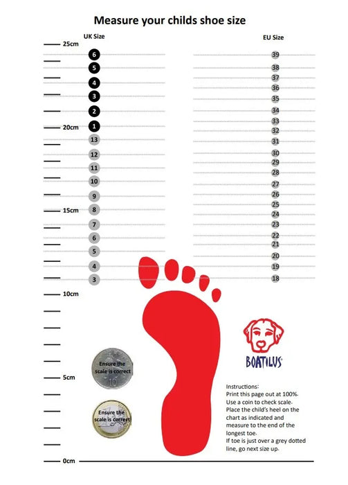 Boatilus kids shoe size chart with UK and EU sizes, foot outline, and measuring instructions.
