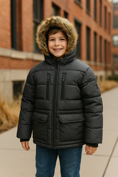 Manteau d’hiver garçon Minoti Noir avec capuchon en fausse fourrure – Tailles 2 à 14