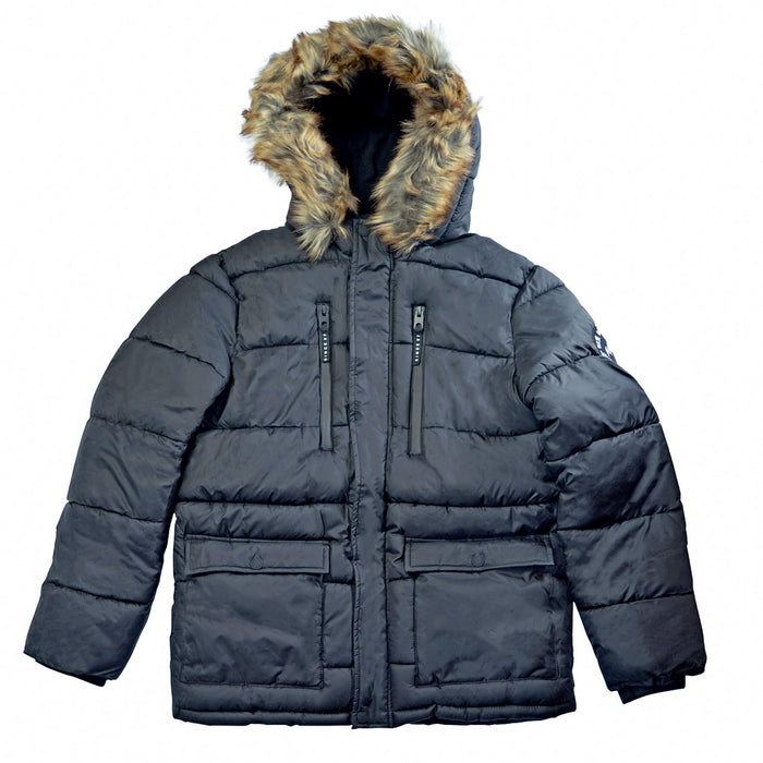 Manteau d’hiver garçon Minoti Noir avec capuchon en fausse fourrure – Tailles 2 à 14