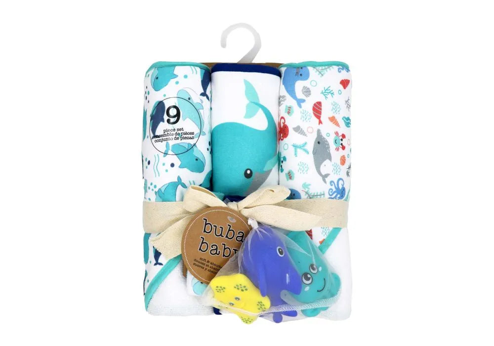 Buba Baby - 9pc Hooded Towel with Washcloth & 3 Bath Toys Set