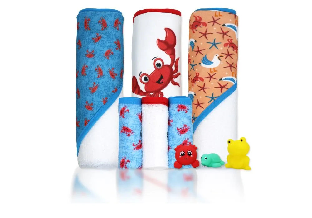 Buba Baby - 9pc Hooded Towel with Washcloth & 3 Bath Toys Set