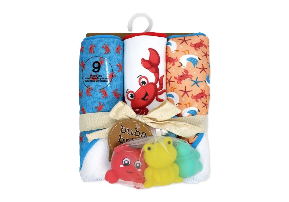 Buba Baby - 9pc Hooded Towel with Washcloth & 3 Bath Toys Set