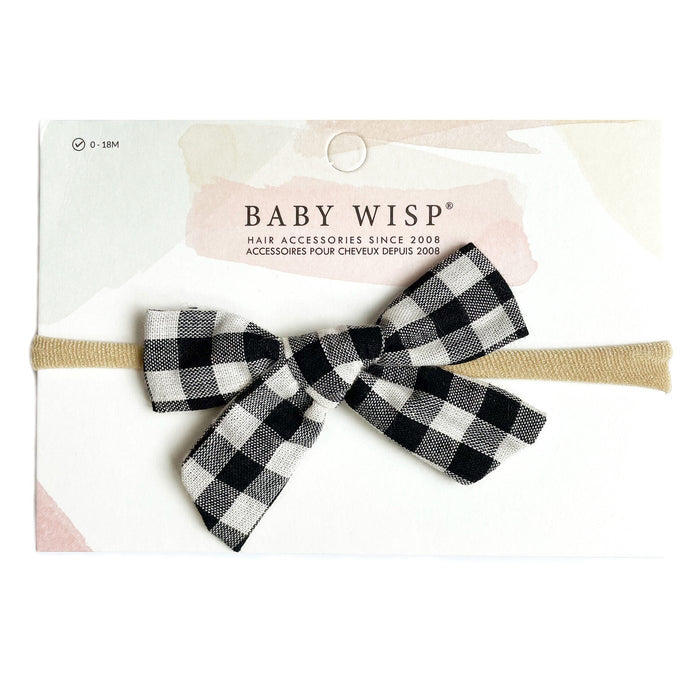 Baby Wisp Headband - Hand Tied Bow - White Buffalo Plaid - 0M+