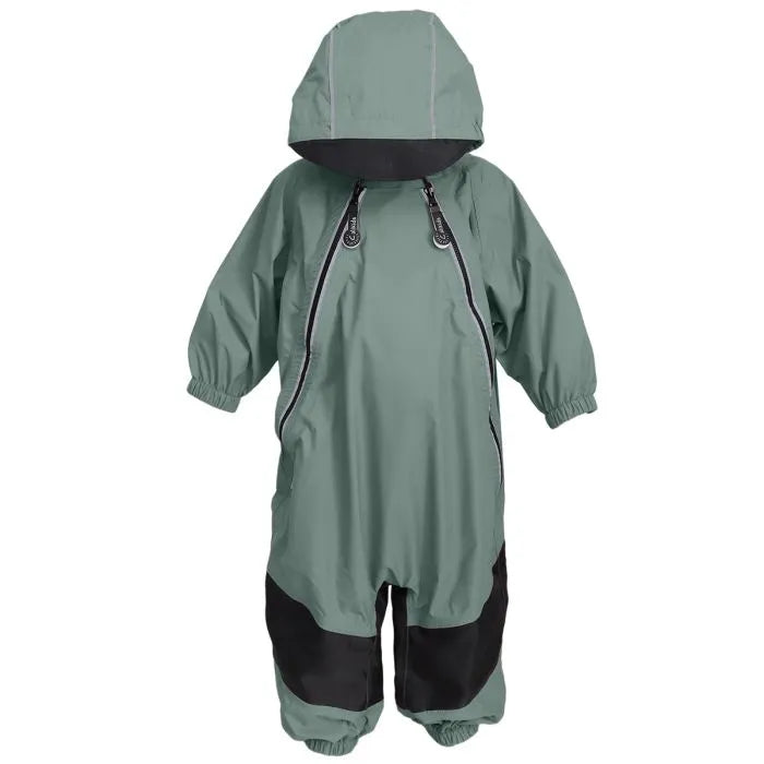 Calikids 2 Zipper Mid-Season Rain Suit in green with hood and black knee patches, shown on white background.